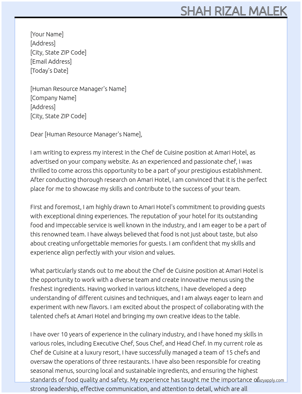 Chef de Cusine At Amari Hotel Cover Letter