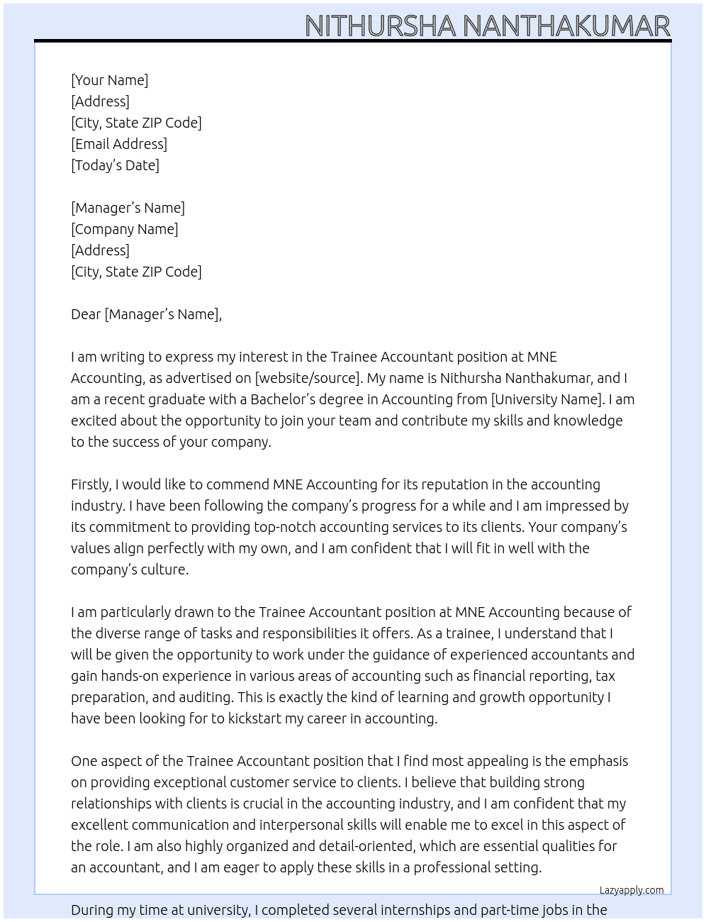 Trainee Accountant At MNE Accounting Cover Letter