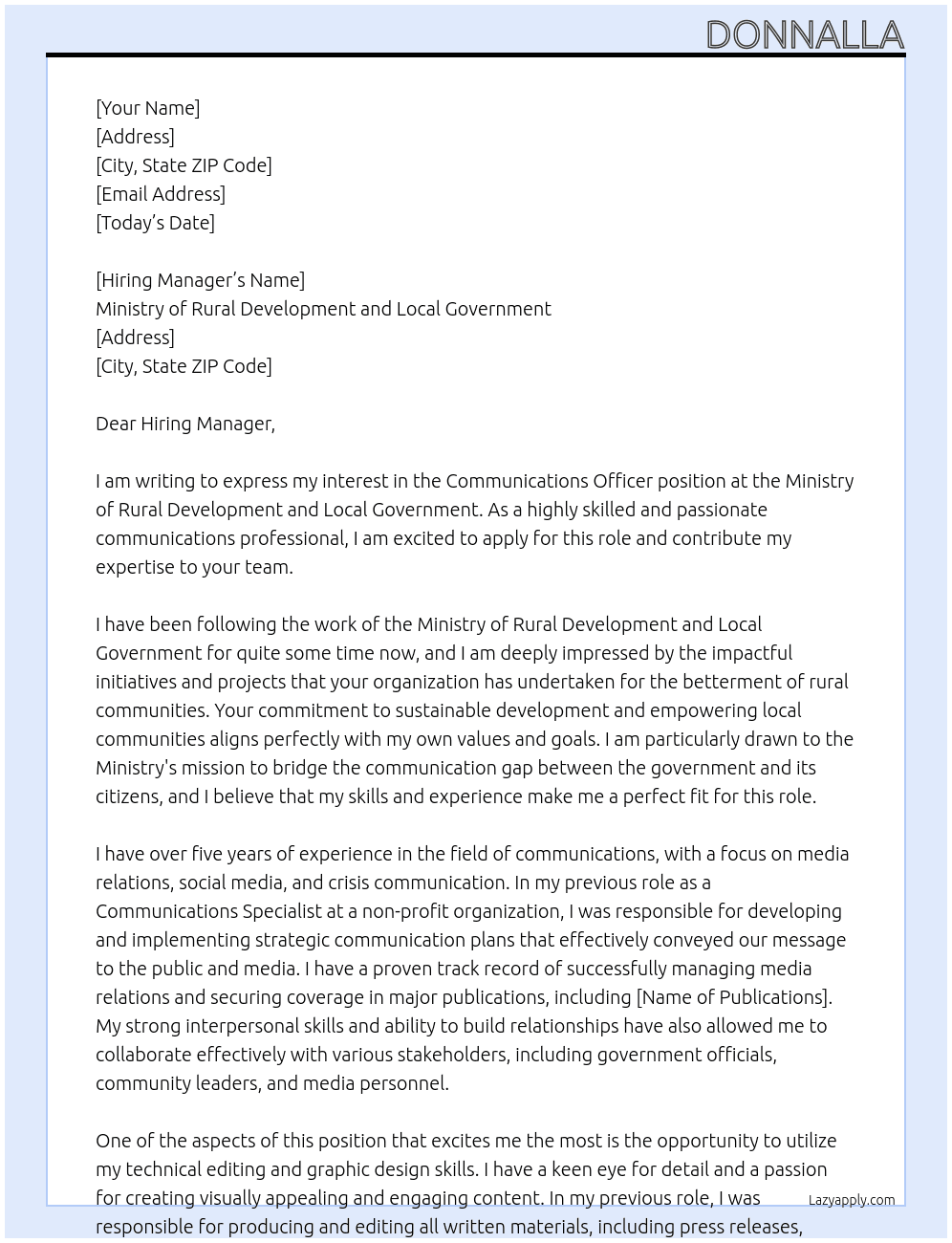 Communications Officer  At Ministry  of Rural development  and Local government  Cover Letter