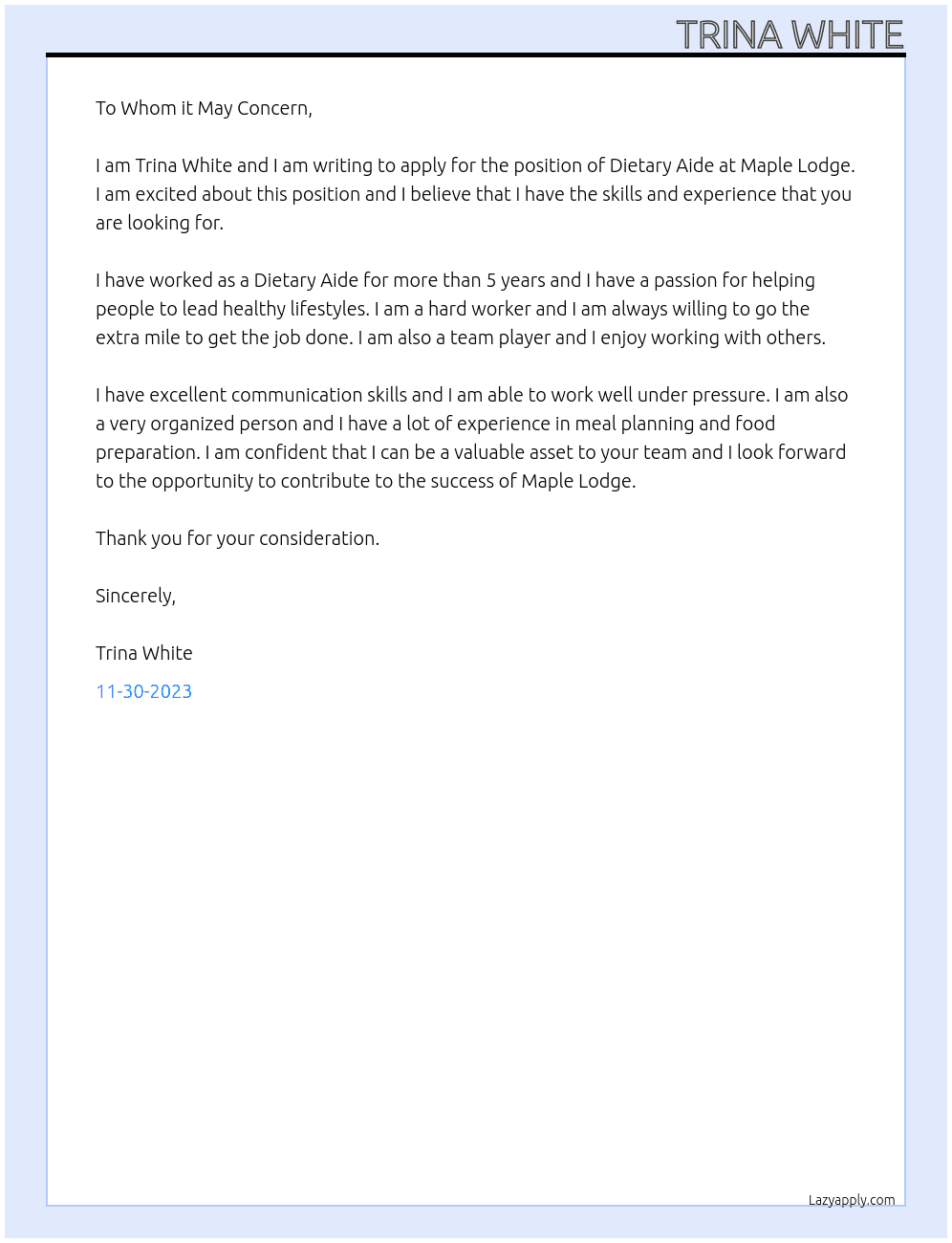 Dietary Aide At Maple Lodge Cover Letter
