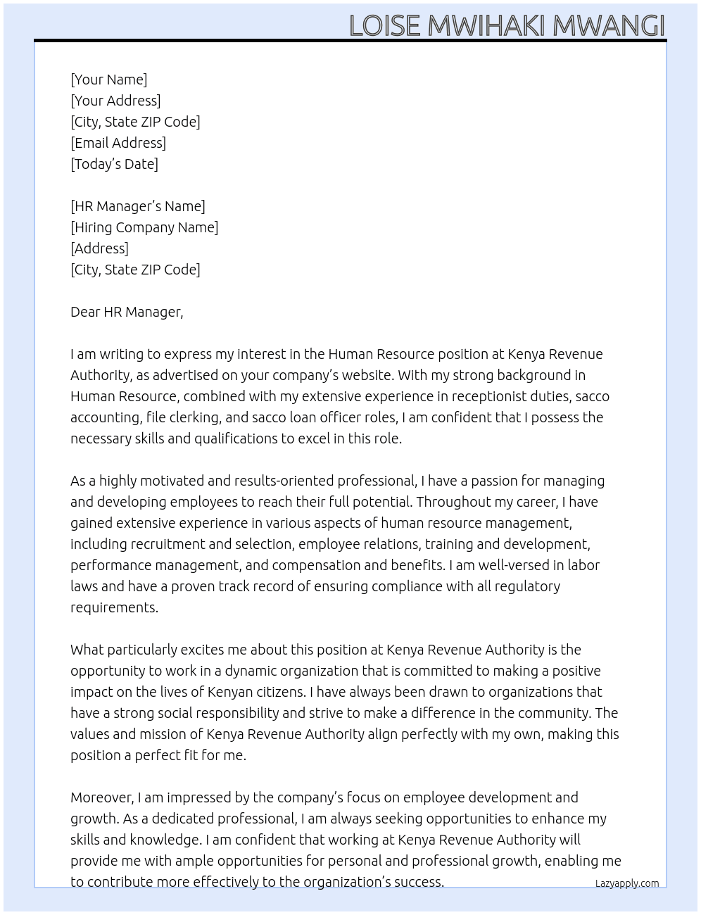 Human resource At Kenya Revenue Authority Cover Letter