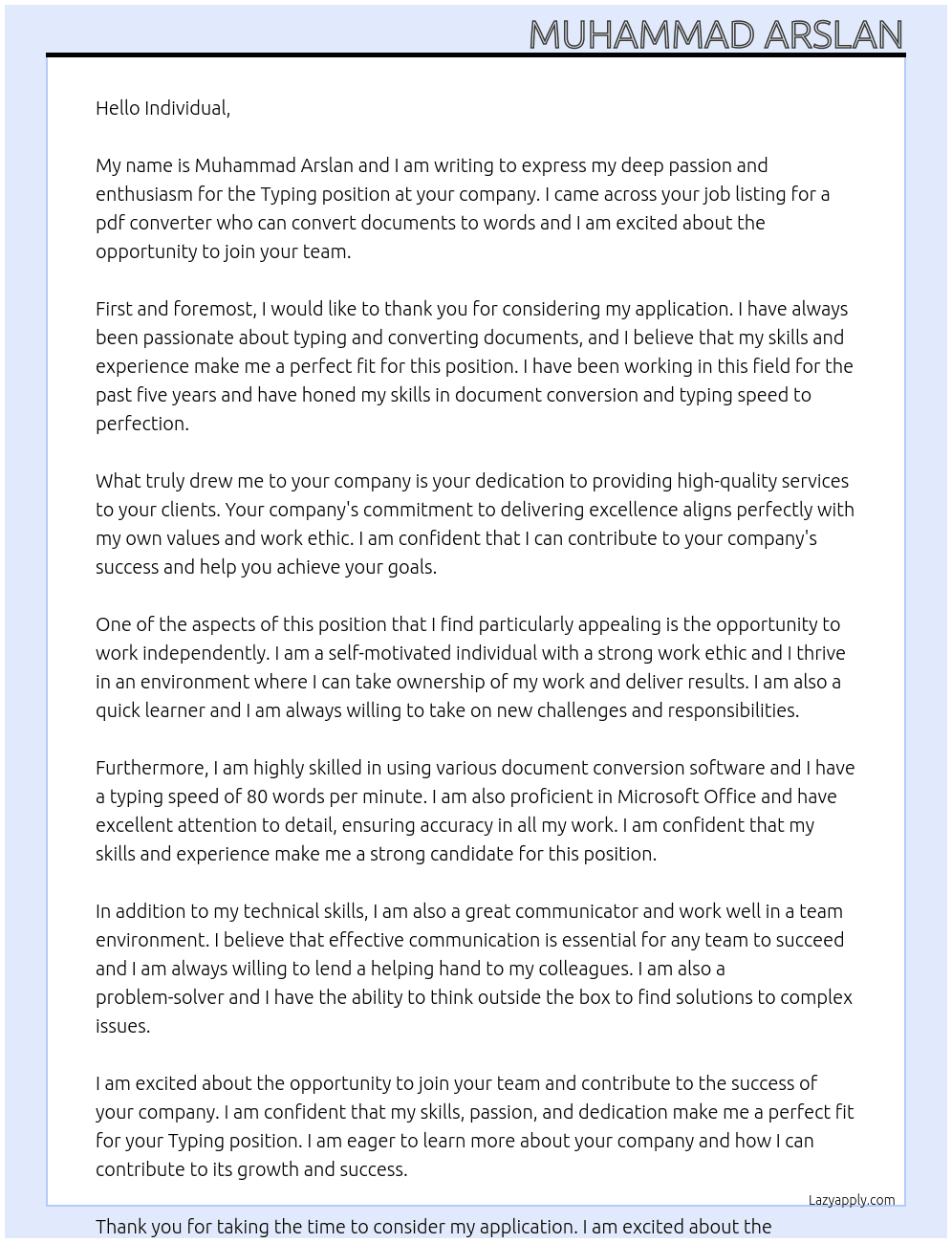 Typing At individual Cover Letter