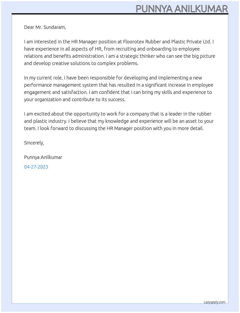 HR MANAGER At FLOOROTEX RUBBER AND PLASTIC PRIVATE LTD Cover Letter