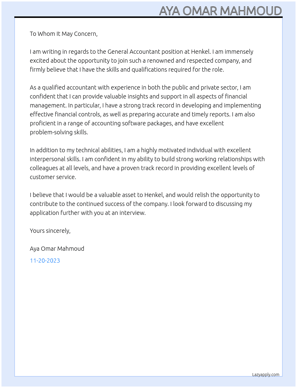 General Accountant At Henkel Cover Letter
