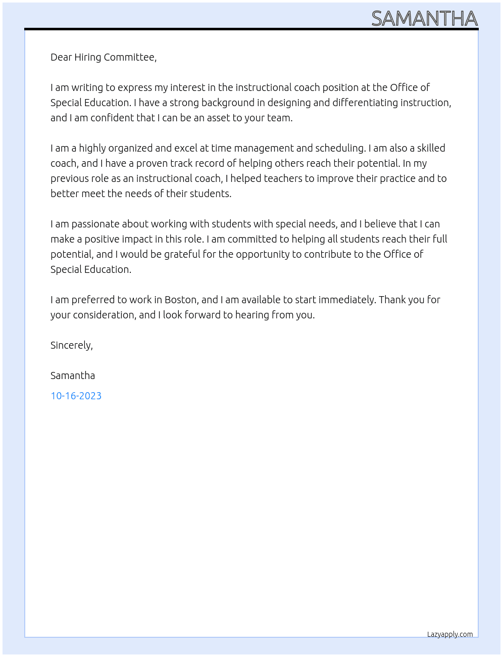 Instructional Coach At Office of Special Education Cover Letter