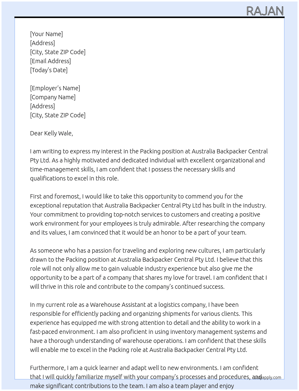 Packing At Australia backpacker central Pty Ltd  Cover Letter