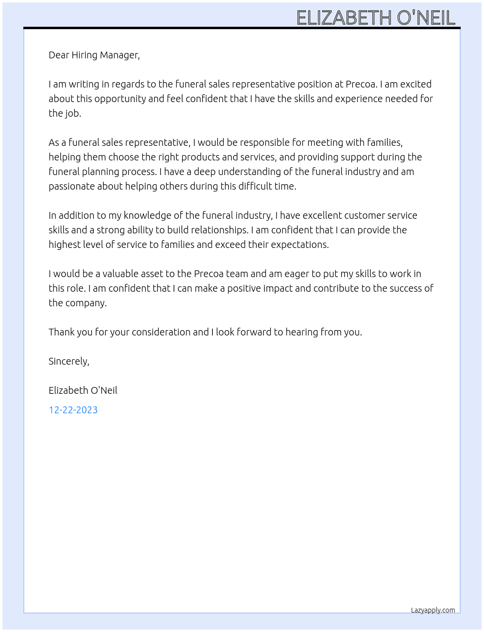 Funeral sales representative  At Precoa Cover Letter