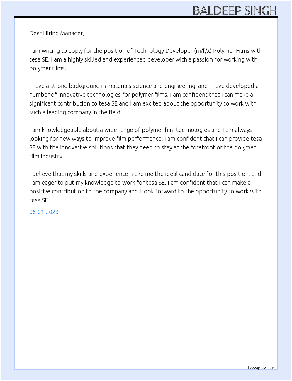 Technology Developer (m/f/x) Polymer Films                 At tesa SE Cover Letter