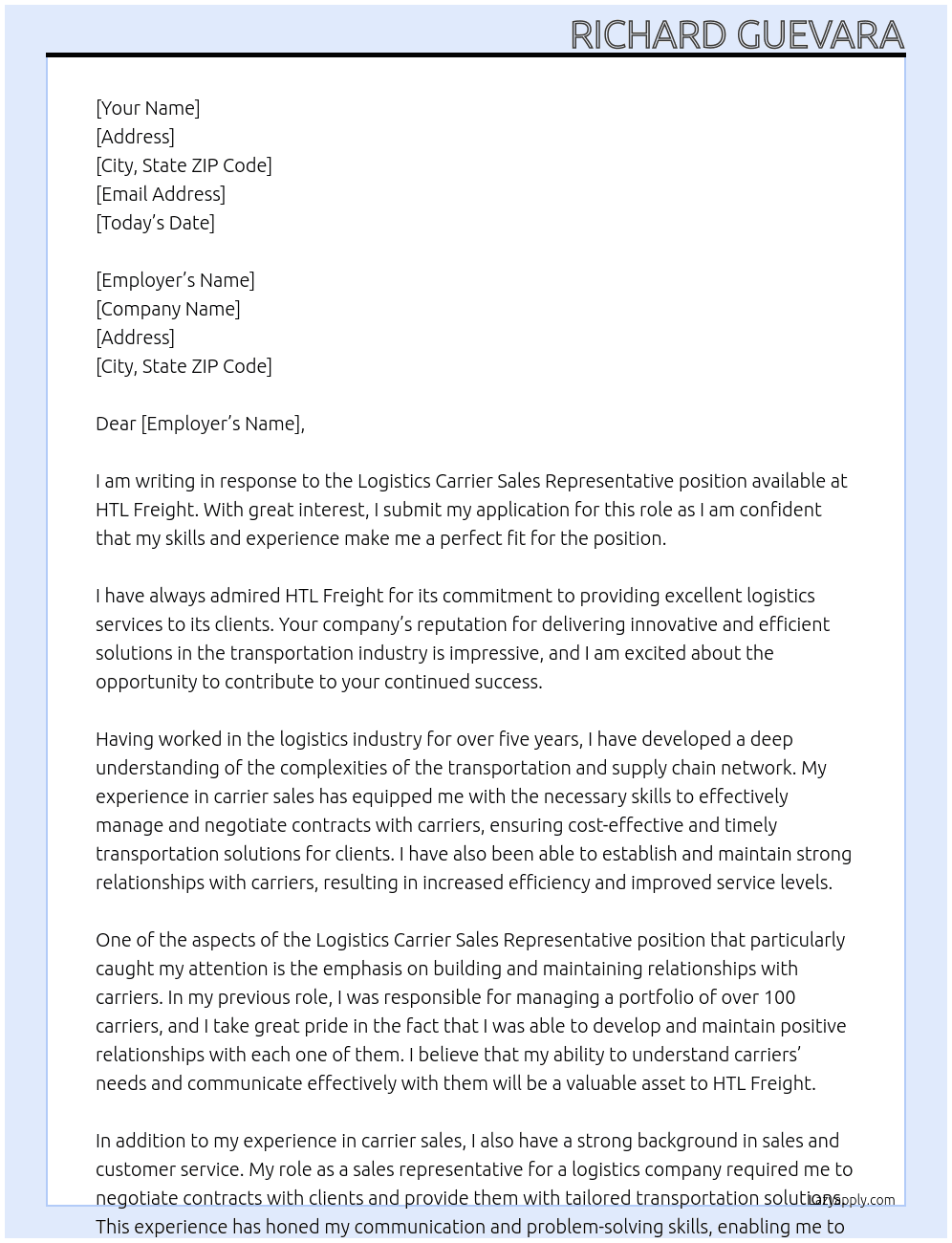 Logistics Carrier Sales Representative At HTL Freight Cover Letter