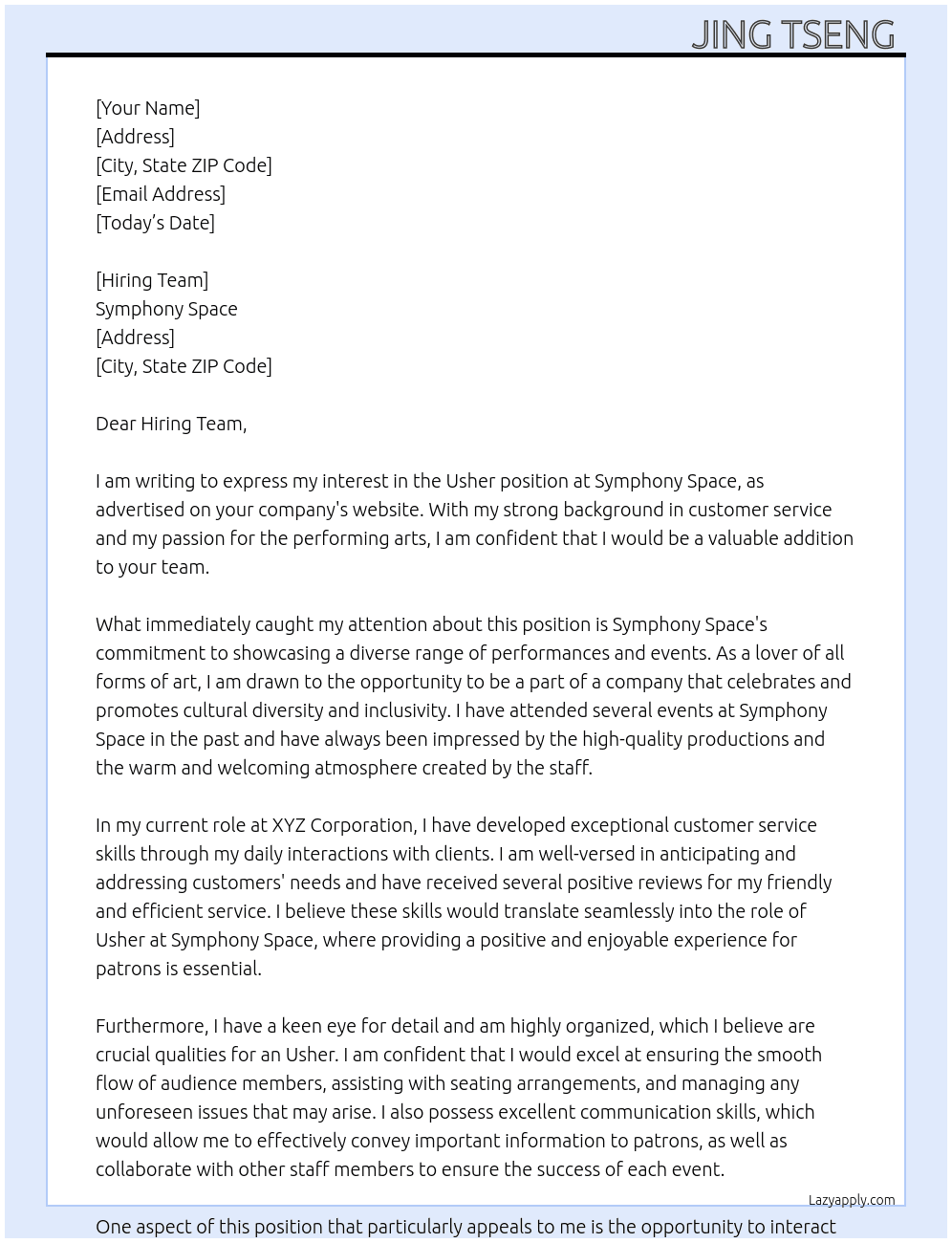 Usher  At Symphony Space  Cover Letter