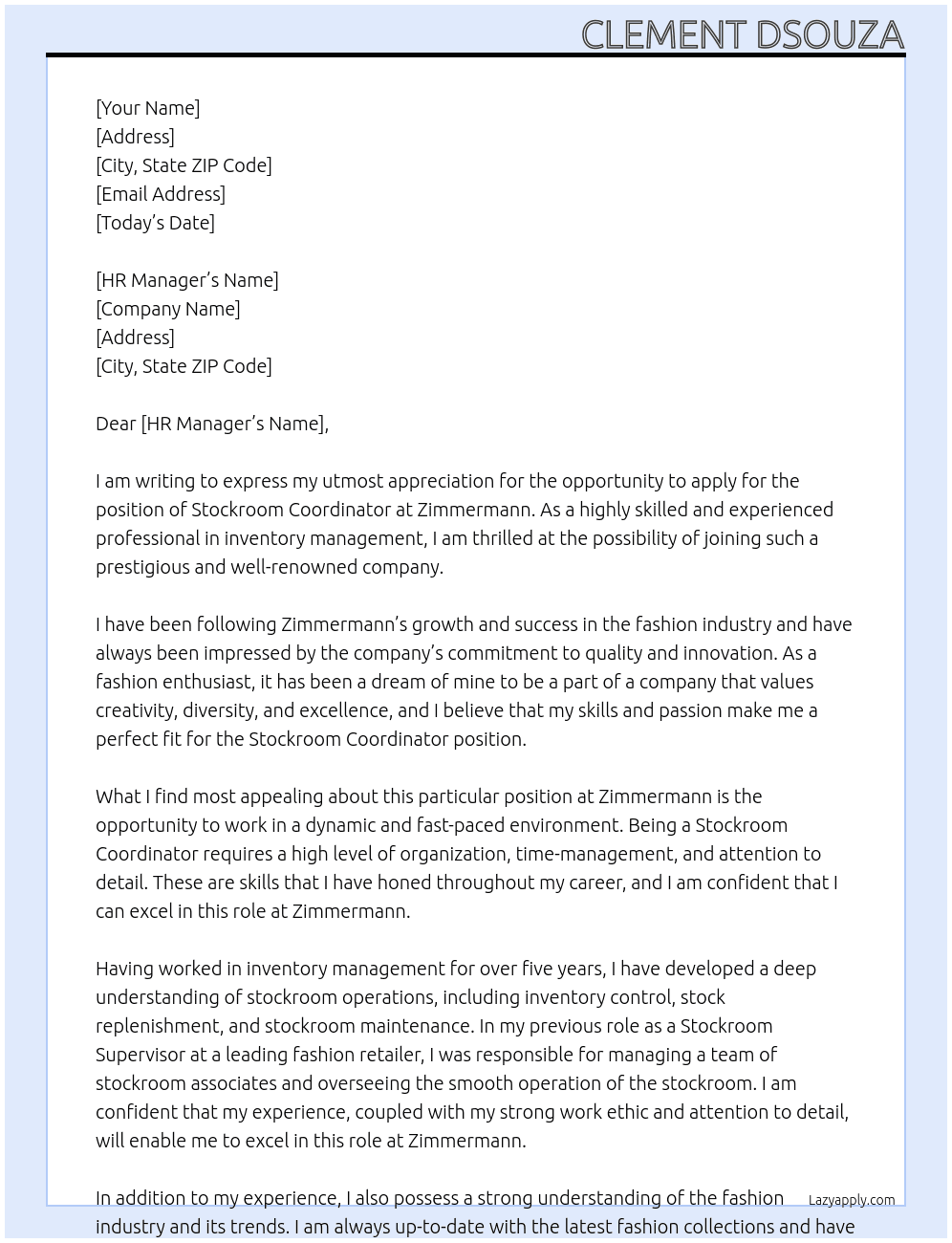 Stockroom Coordinator At Zimmermann Cover Letter