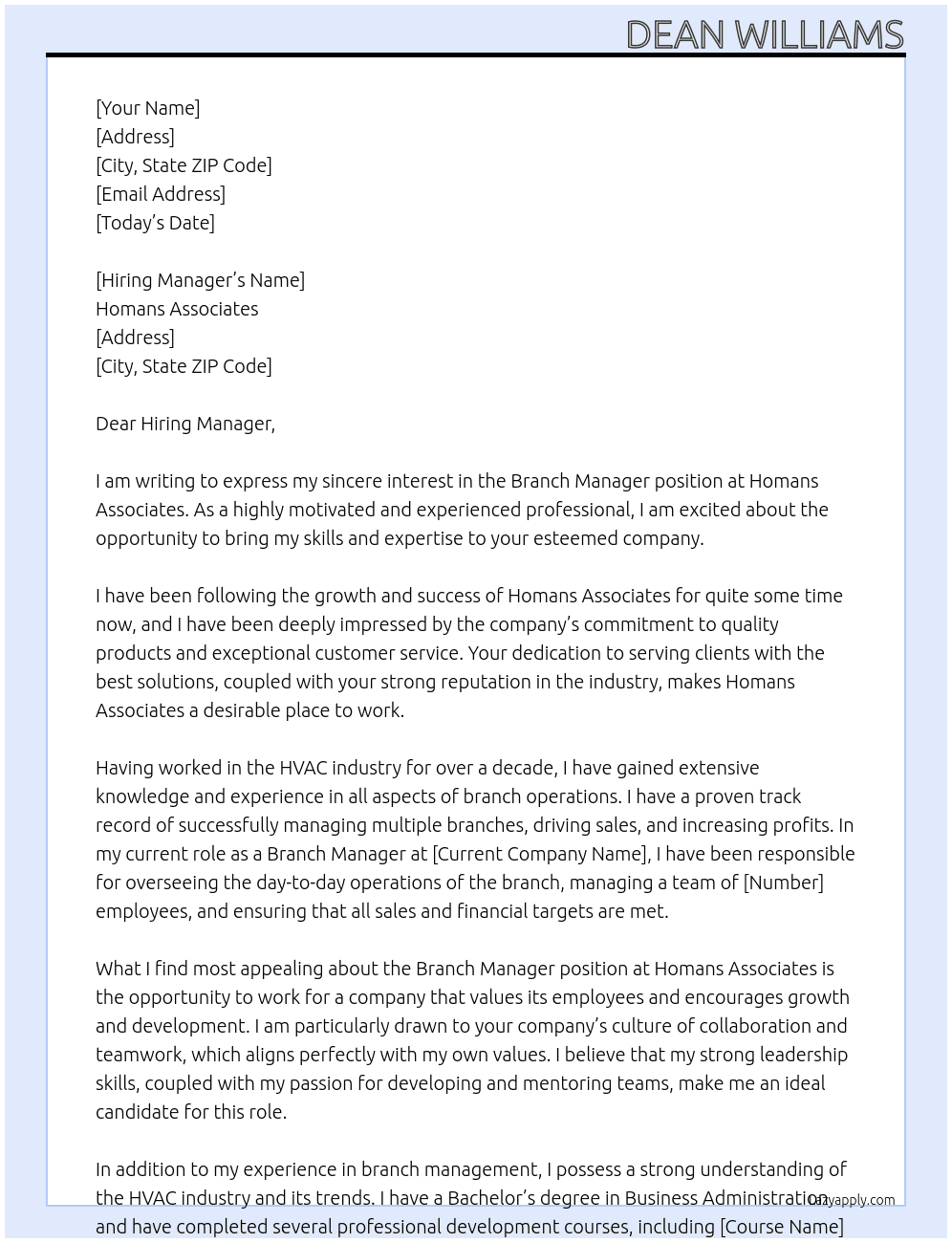 BRANCH MANAGER At Homans Associates Cover Letter