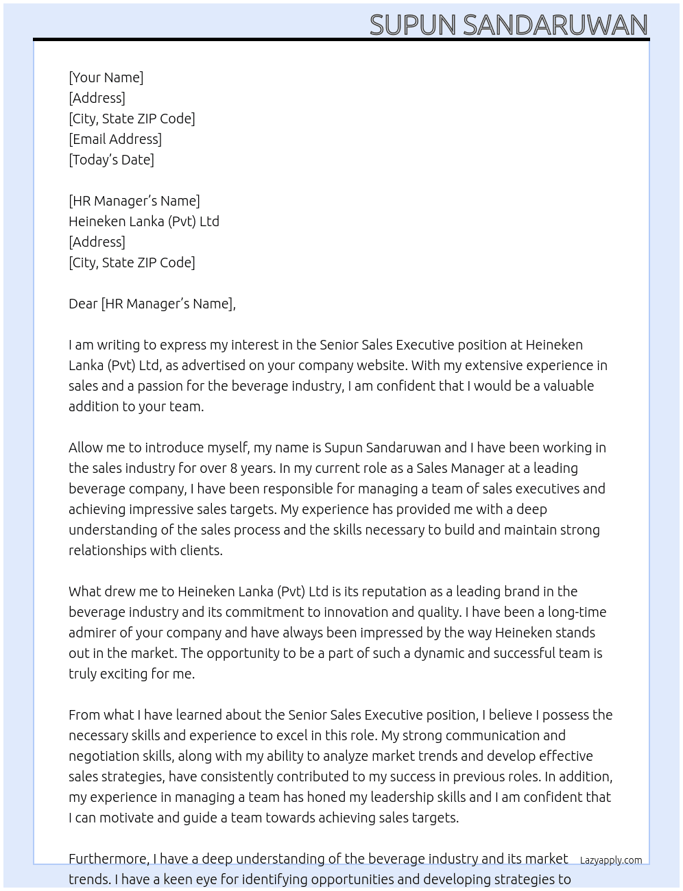 Senior Sales Executive  At Heineken Lanka (pvt) Ltd Cover Letter