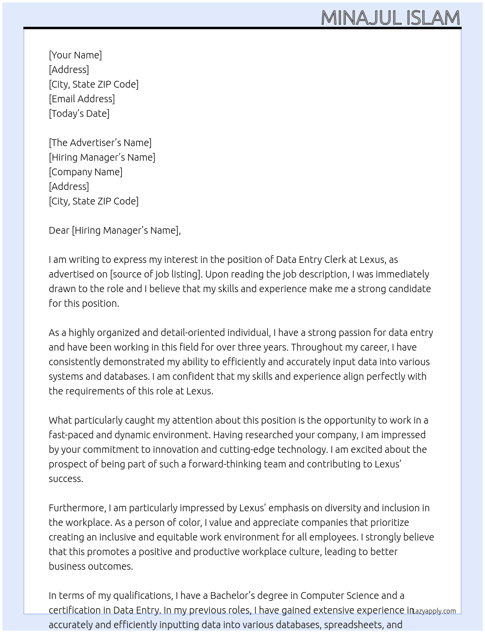 Data entry clerk  At Lexus Cover Letter