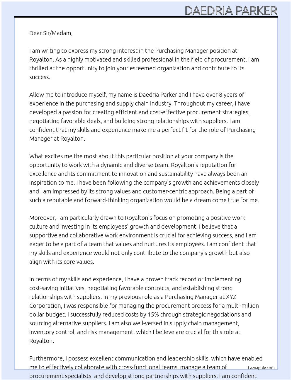 Purchasing Manager  At Royalton  Cover Letter