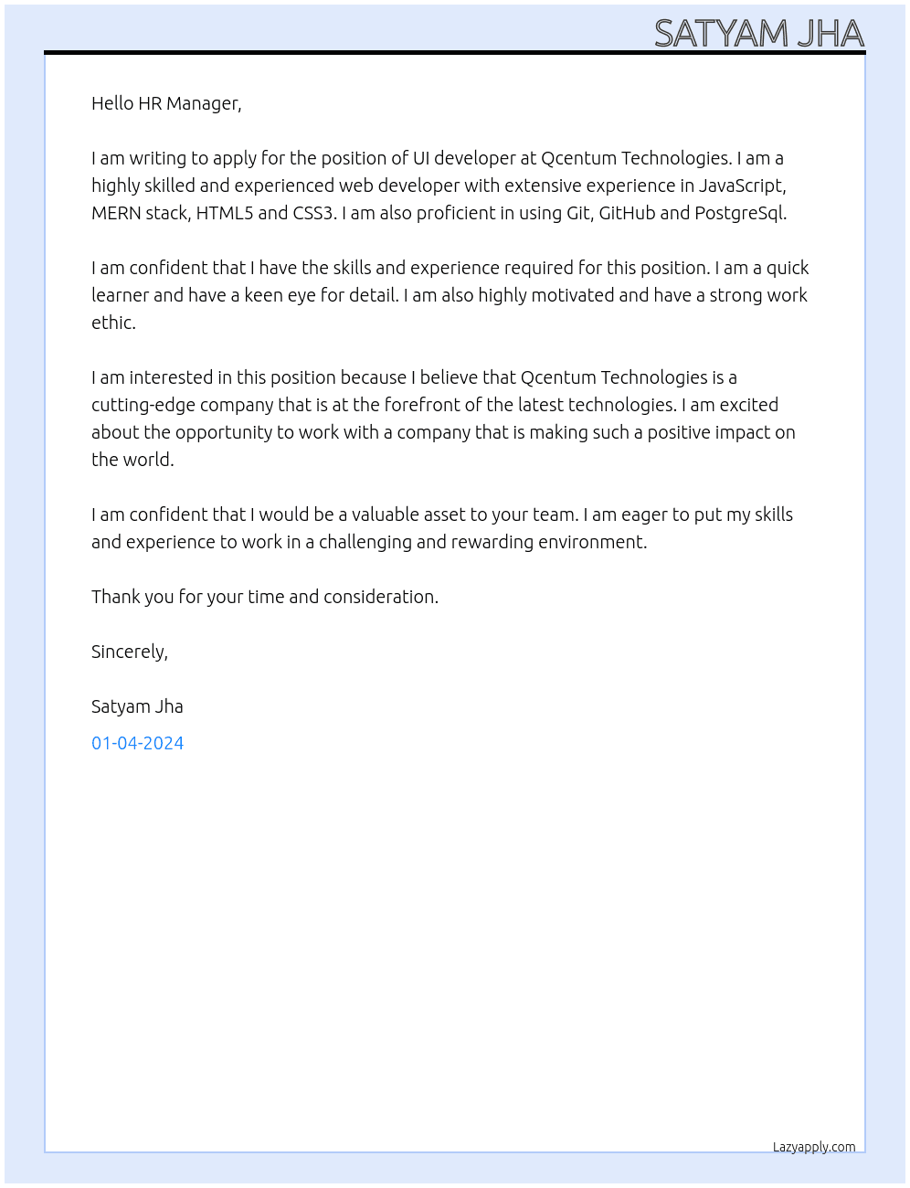 UI developer  At Qcentum Technologies  Cover Letter