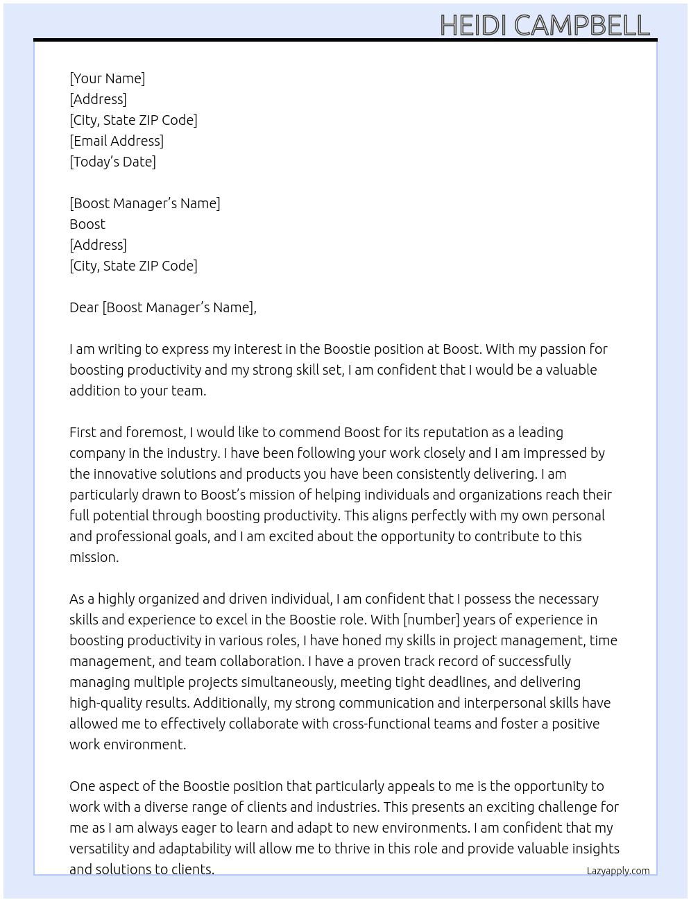 Boostie  At Boost Cover Letter