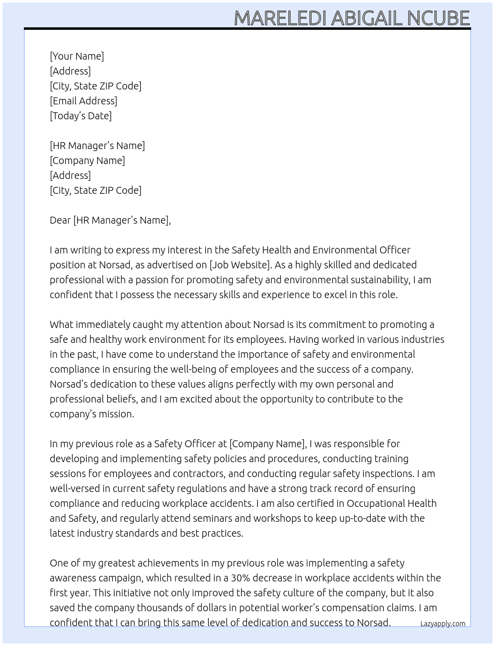 Safety Health and Environmental Officer At Norsad Cover Letter