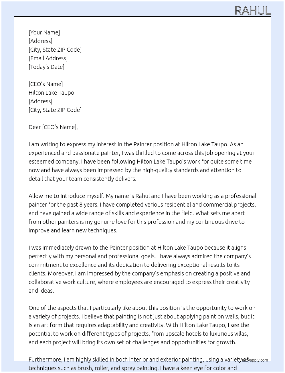 Painter  At Hilton Lake Taupo  Cover Letter