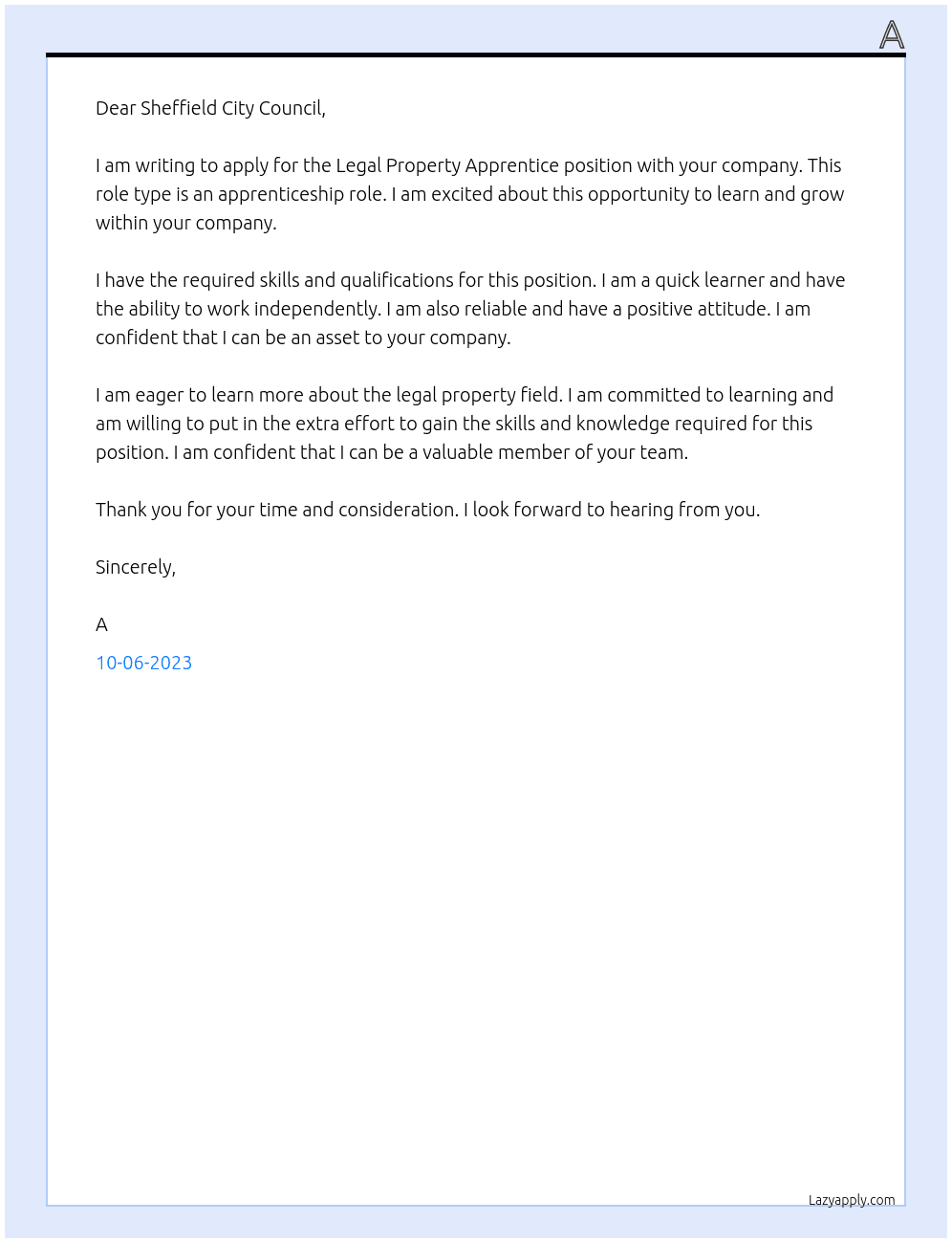 Legal property apprentice At Sheffield city council Cover Letter