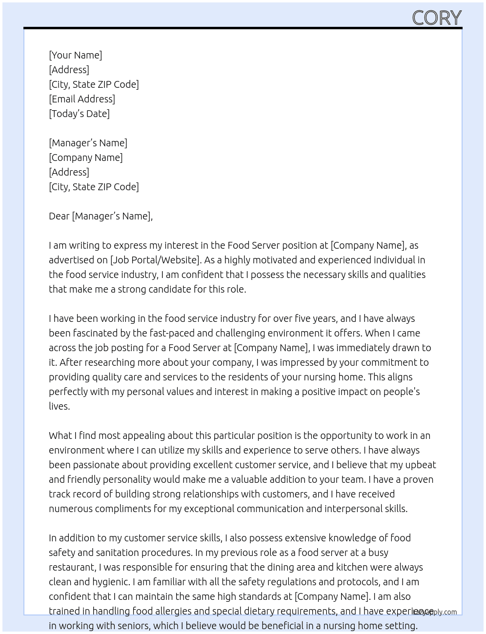 food server At nursing home Cover Letter