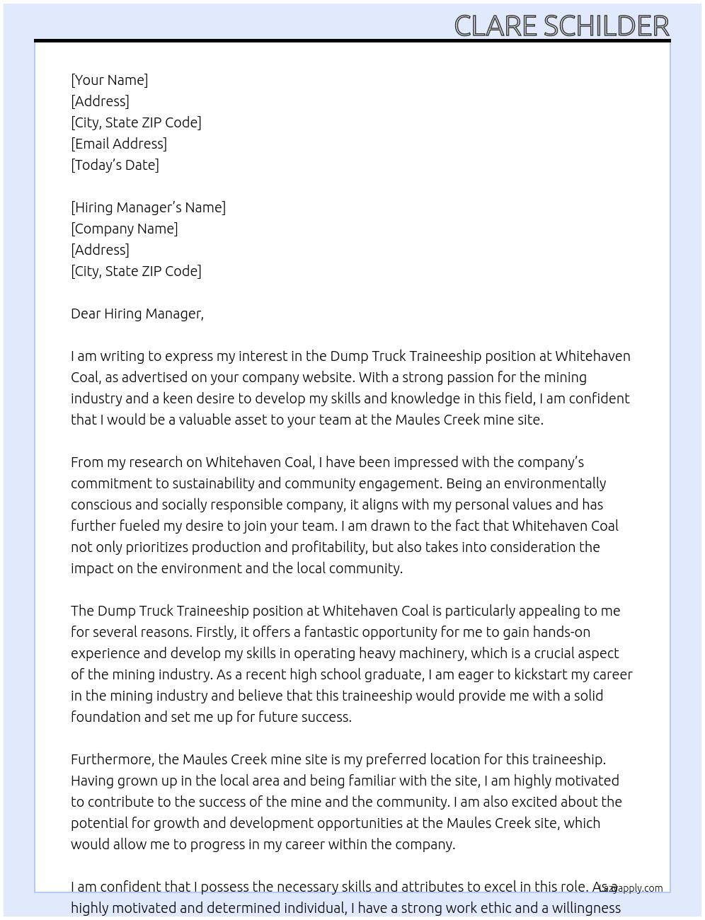 Dump Truck Traineeship At Whitehaven Coal Cover Letter