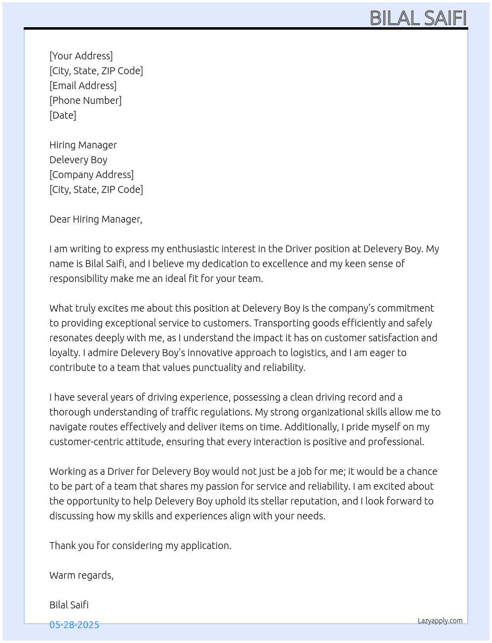 Driver  At Delevery boy  Cover Letter