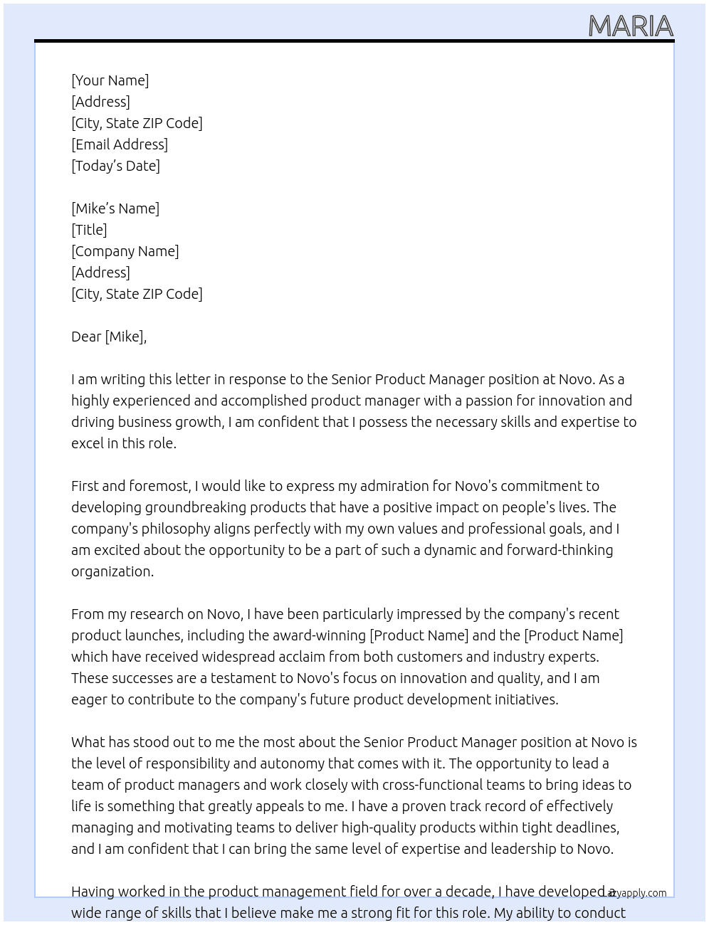Senior Product Manager At Novo Cover Letter