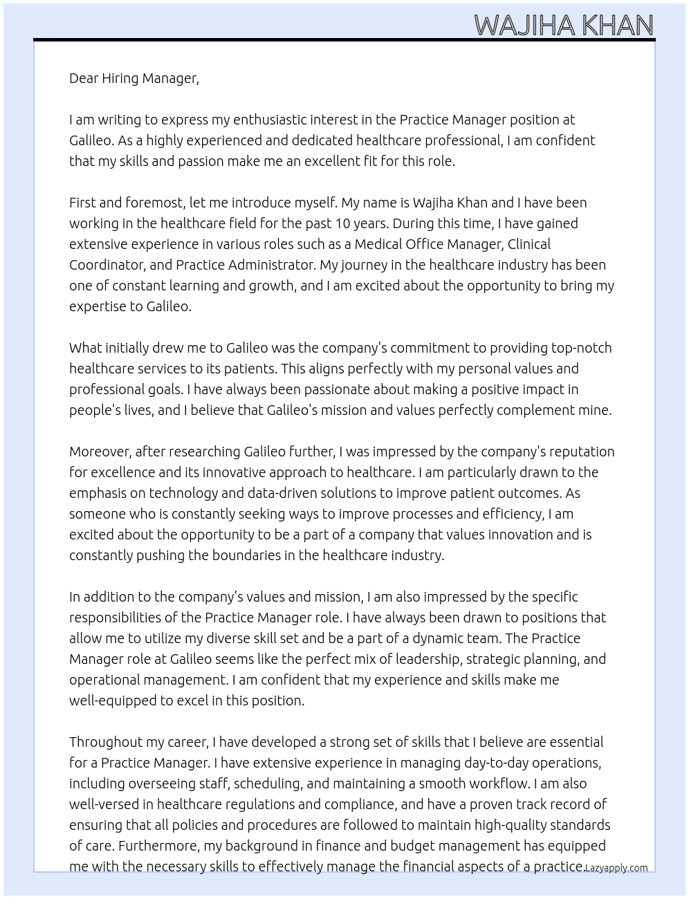 Practice Manager At Galileo Cover Letter