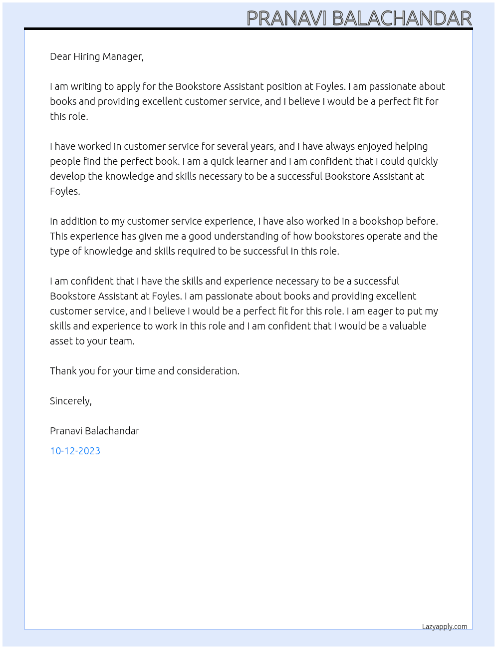 Bookstore Assistant At foyles Cover Letter