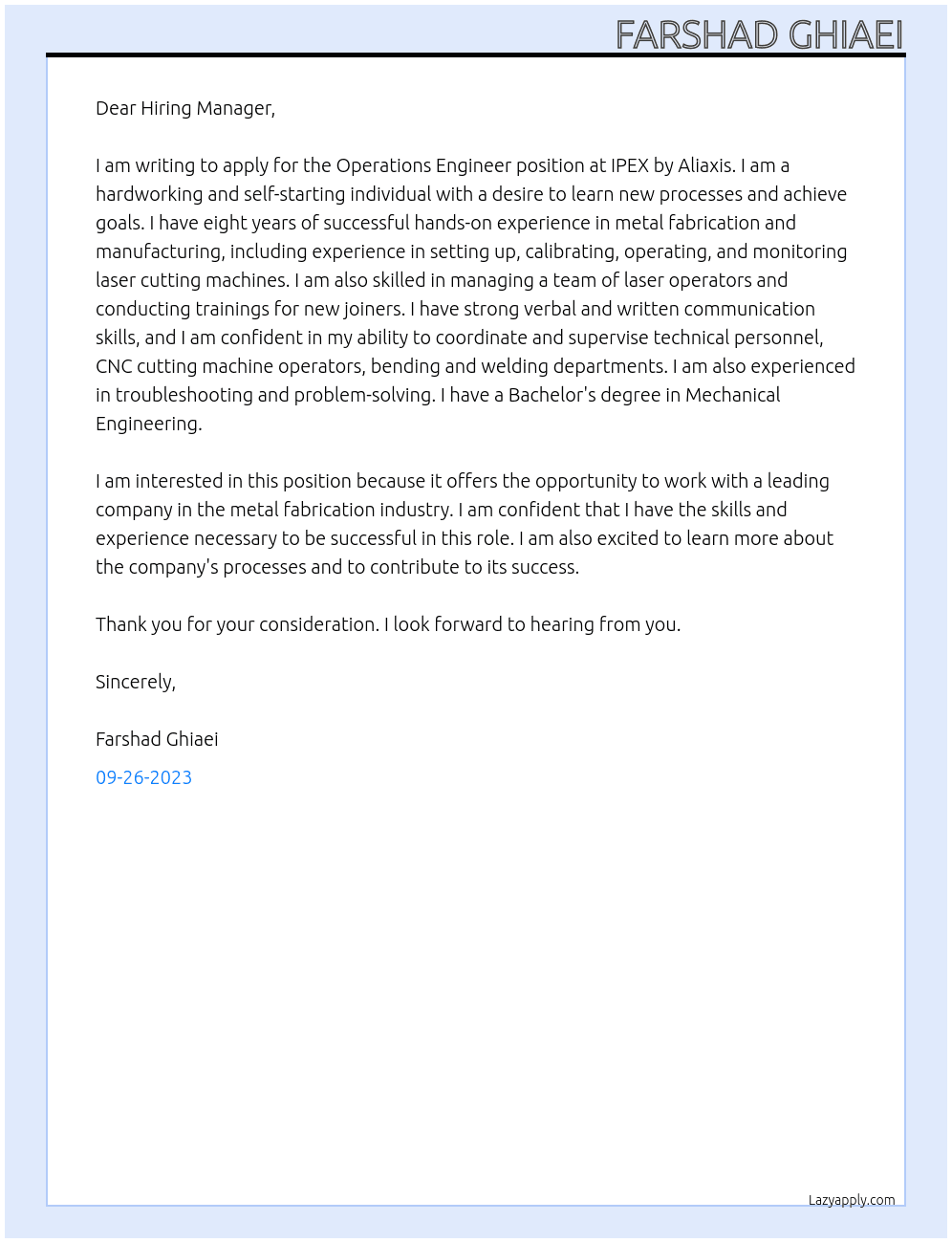Operations Engineer At IPEX by Aliaxis Cover Letter