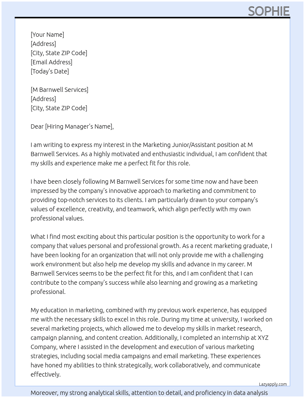 Marketing Junior / Assistant At M Barnwell Services Cover Letter