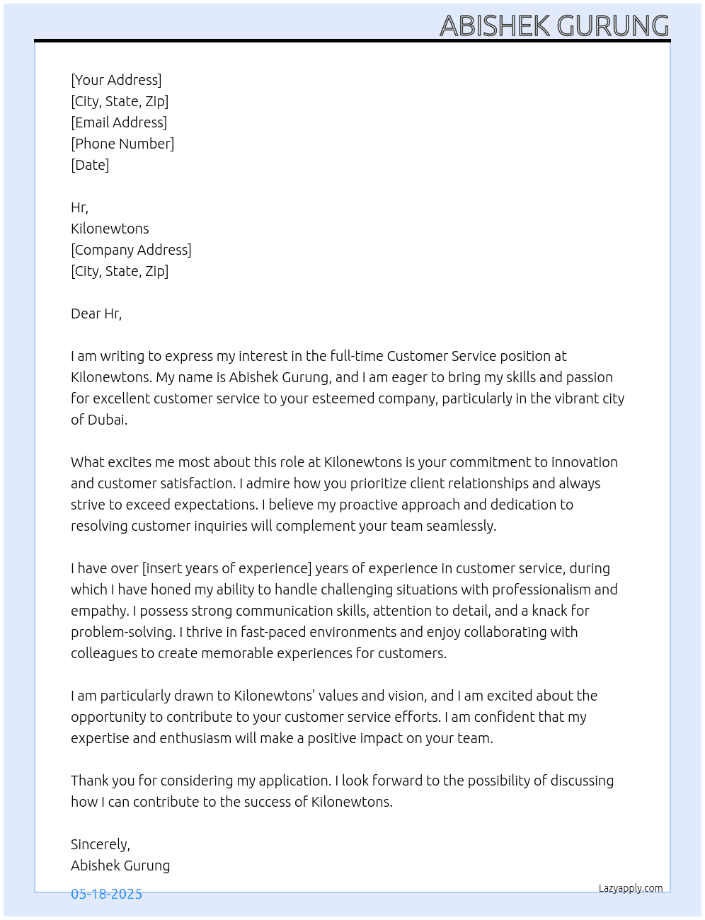Customer service  At Kilonewtons Cover Letter