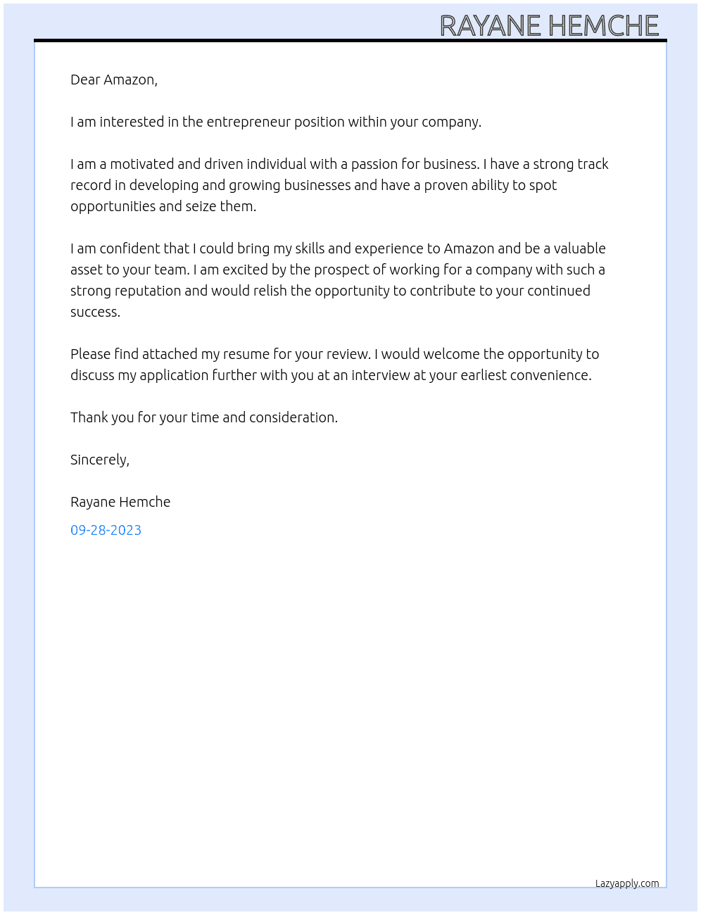entrepreneur At Amazon  Cover Letter