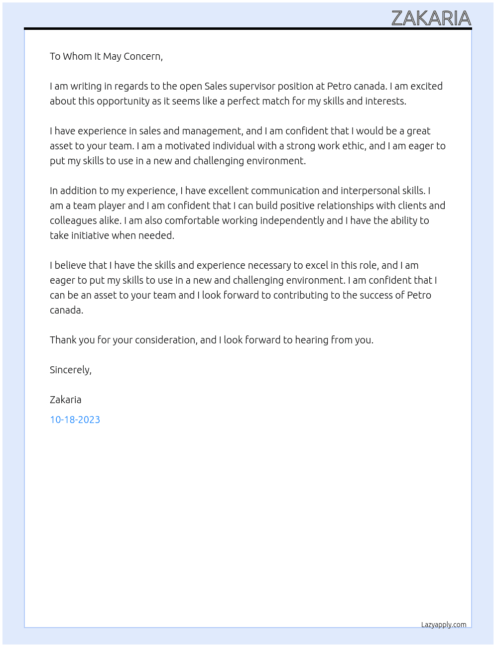 Sales supervisor  At Petro canada Cover Letter