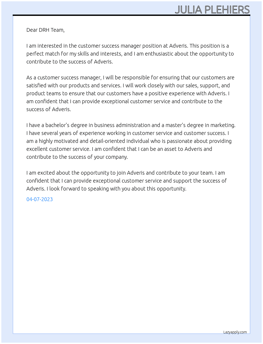 Customer success manager At Adveris Cover Letter