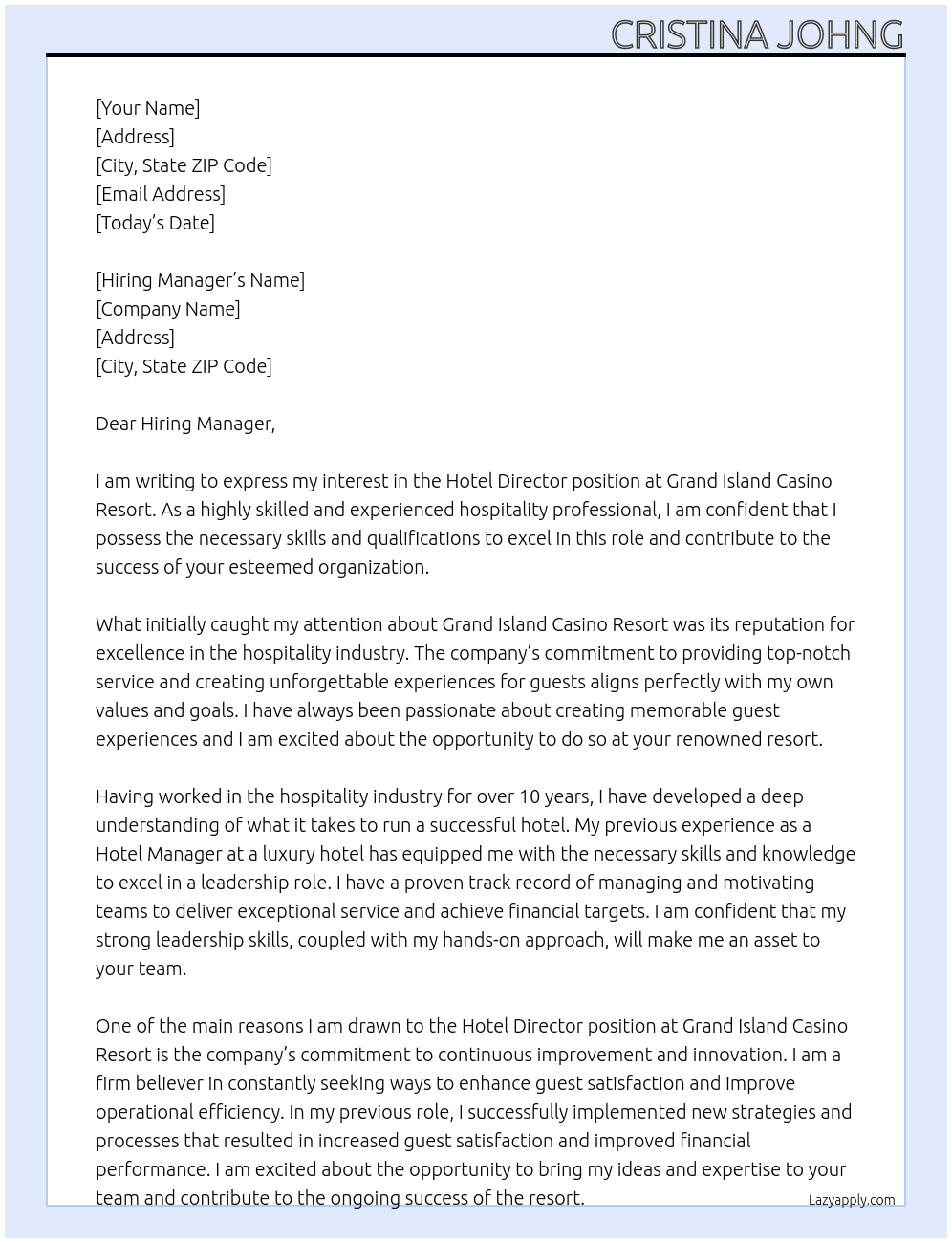 Hotel Director At Grand Island Casino Resort Cover Letter