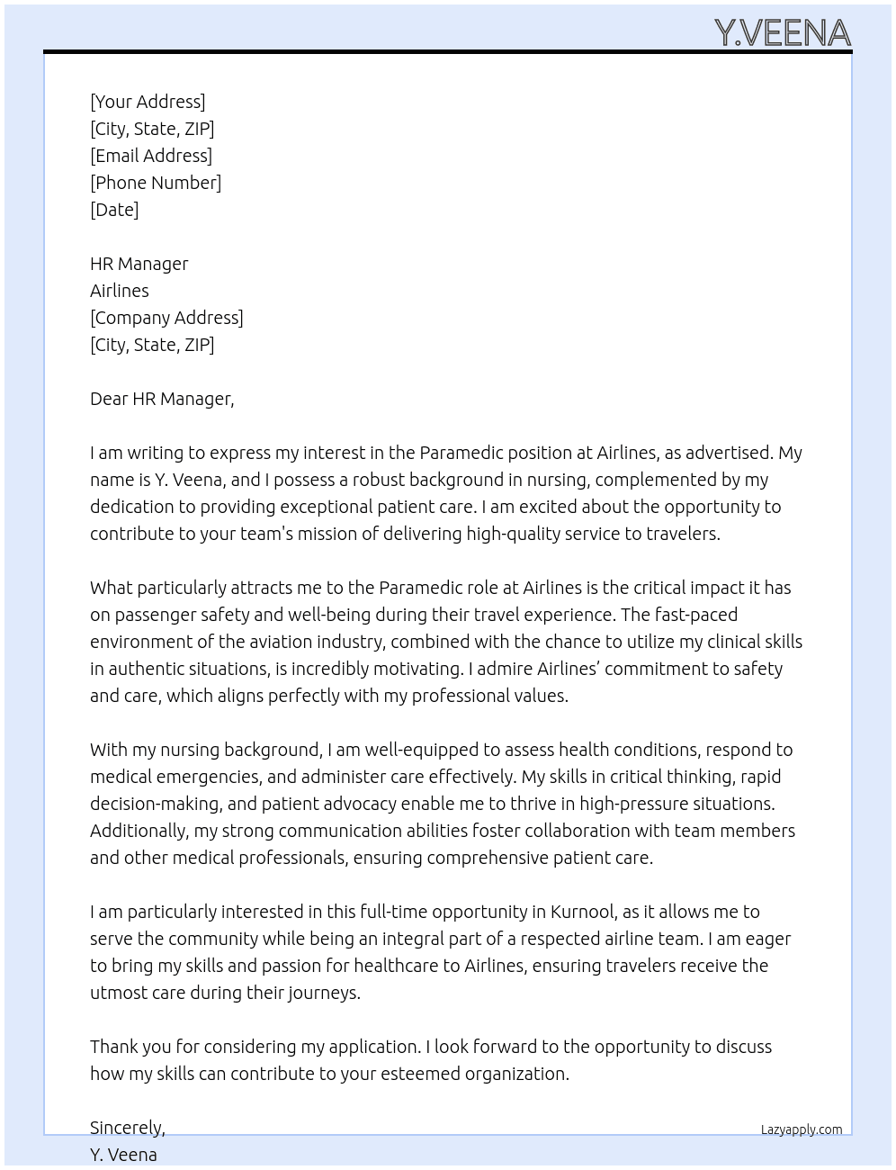 Paramedic  At Airlines  Cover Letter