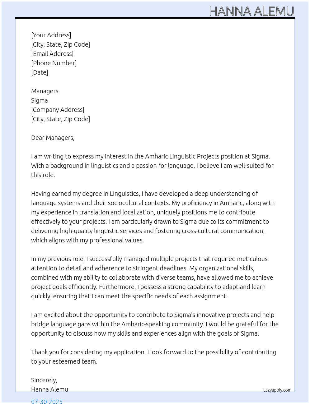 Amharic  lingustic  projects At Sigma Cover Letter