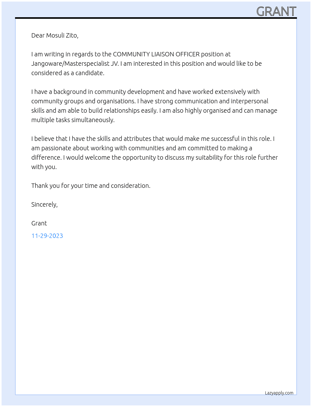 COMMUNITY LIAISON OFFICER At Jangoware/Masterspecialist JV Cover Letter