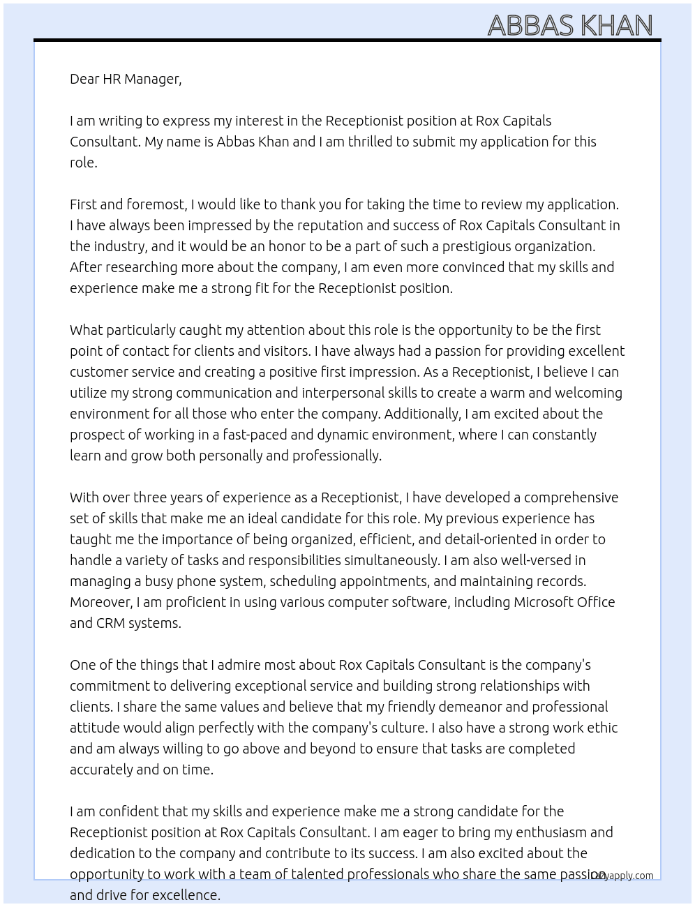 Reciptionist At Rox Capitals Consultant Cover Letter