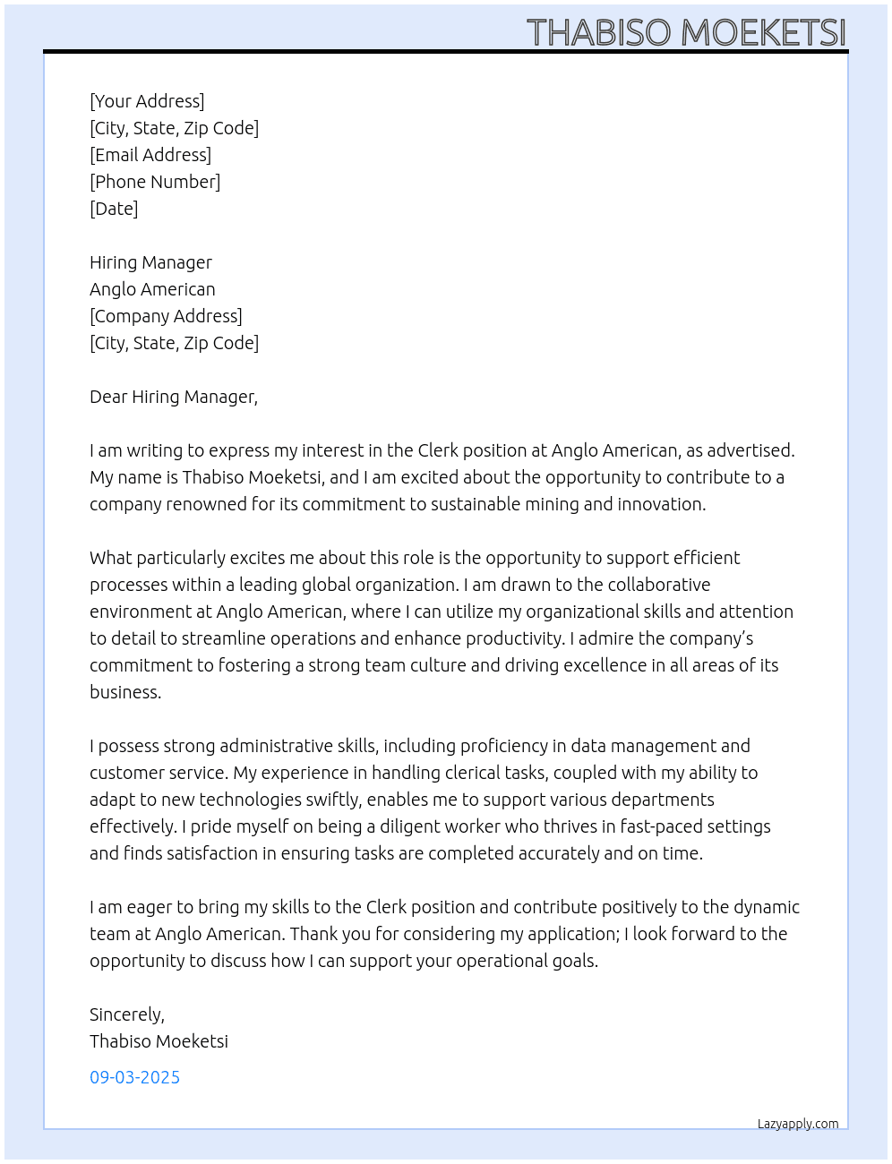 clerk At anglo american Cover Letter
