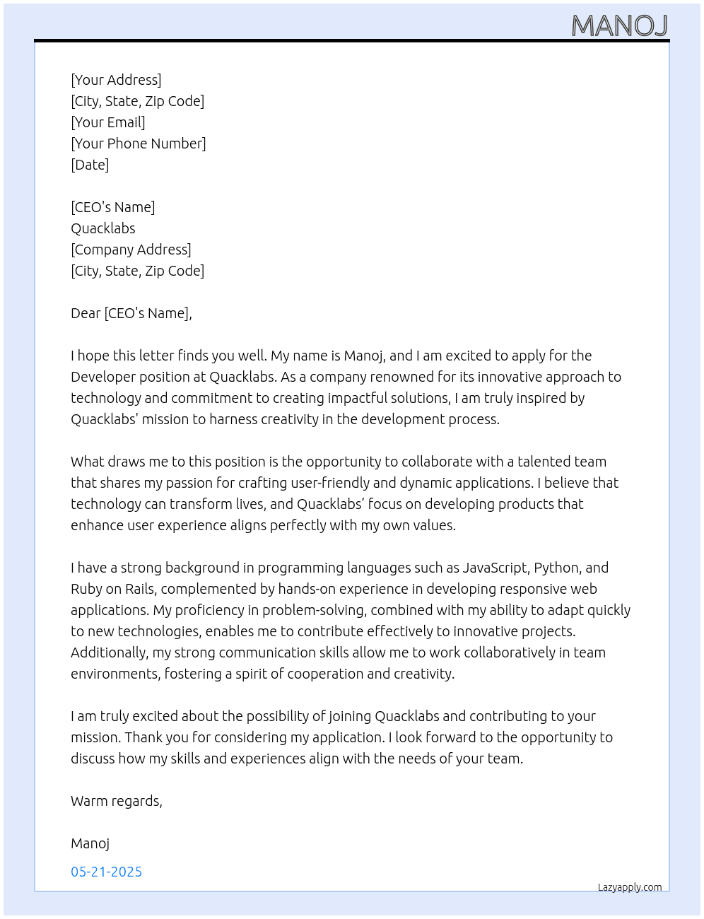 Developer At Quacklabs Cover Letter