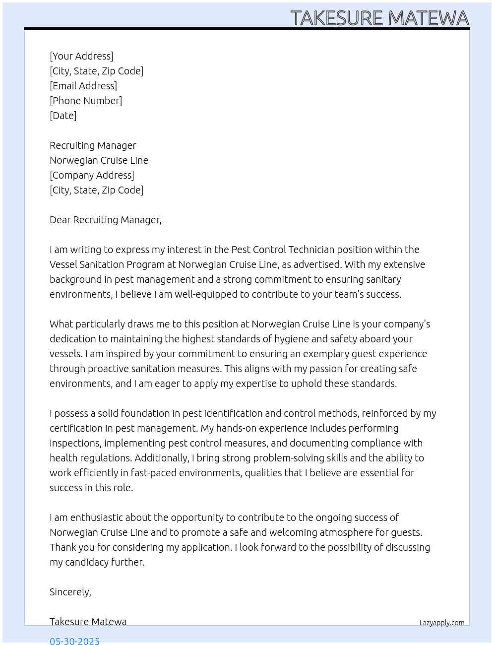 Pest Control Technician (VSP) Vessel Sanitation Program  At Norwegian Cruise Line  Cover Letter
