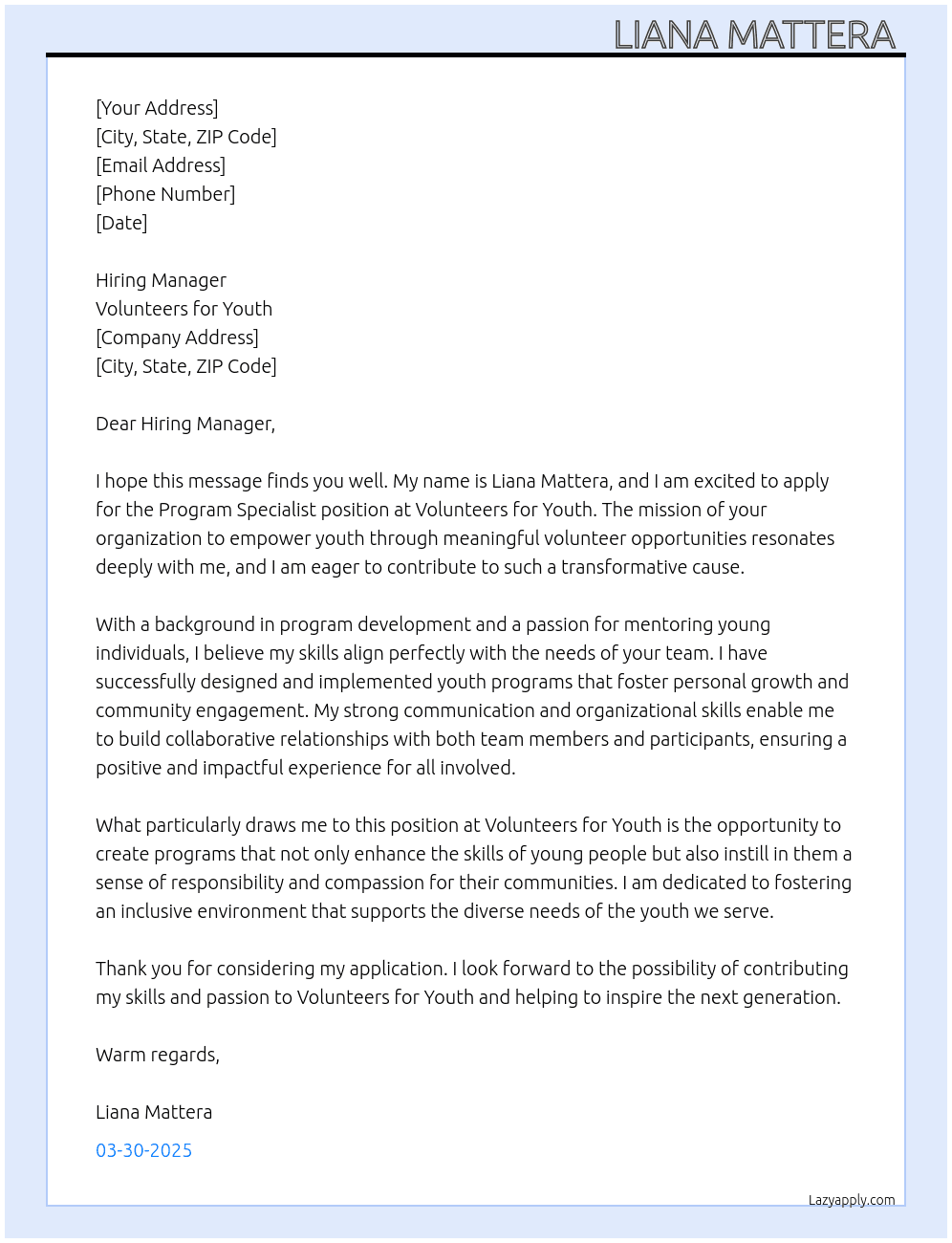 Cover letter for program specialist - LazyApply