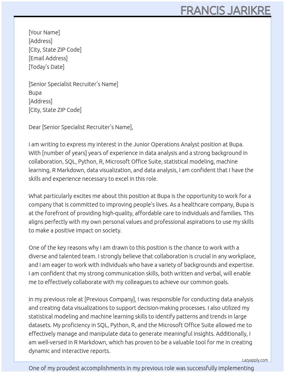 Junior operations analyst At Bupa  Cover Letter