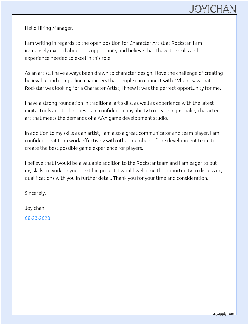 Character Artist At Rockstar Cover Letter