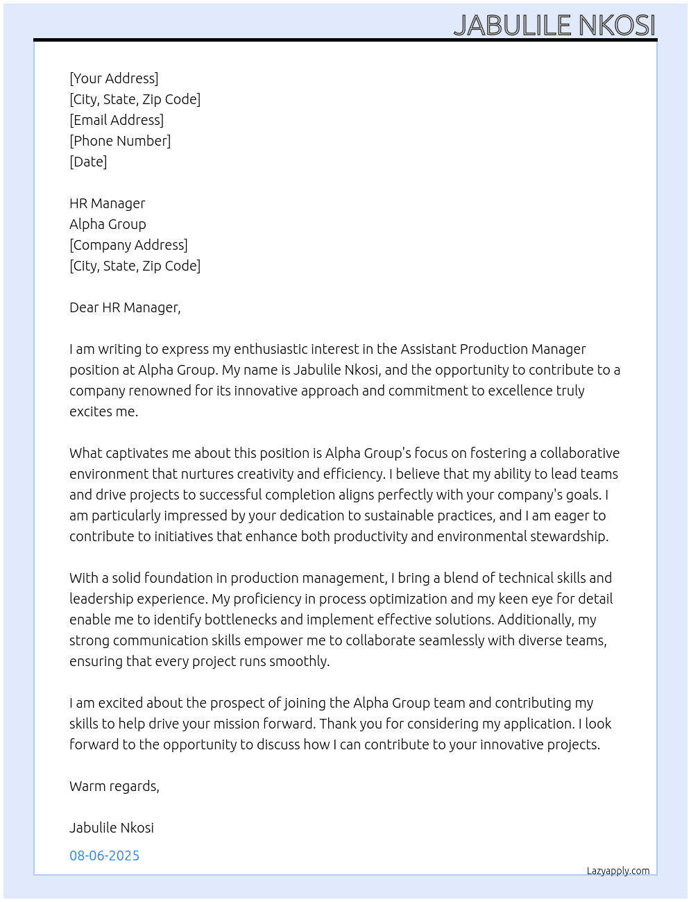 Assistance production manager  At Alpha Group  Cover Letter