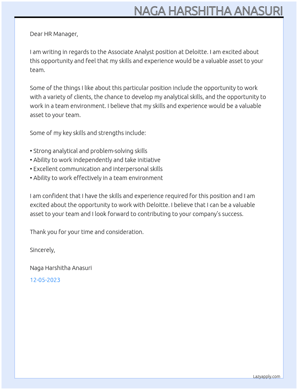Associate Analyst At DELOITTE Cover Letter