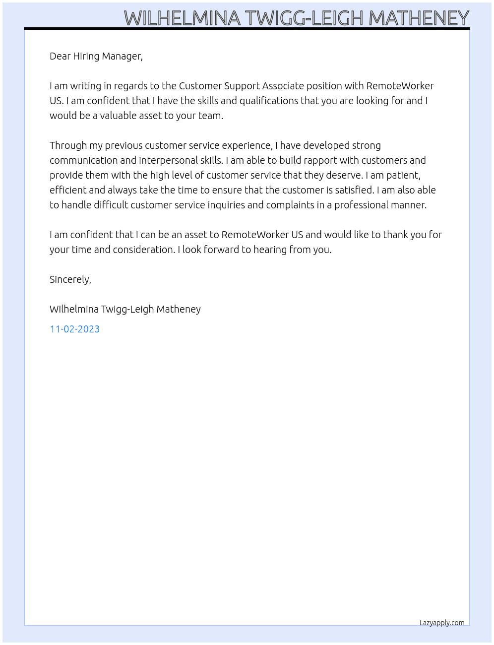 Customer Support Associate At RemoteWorker US Cover Letter